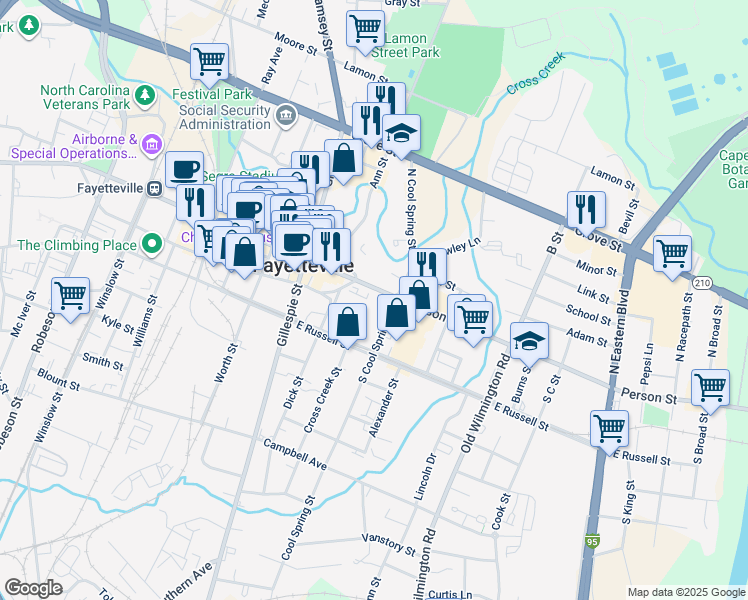 map of restaurants, bars, coffee shops, grocery stores, and more near 232 Person Street in Fayetteville