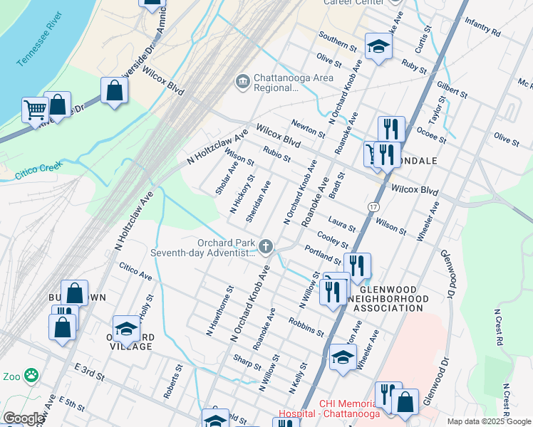 map of restaurants, bars, coffee shops, grocery stores, and more near 1092 North Hawthorne Street in Chattanooga