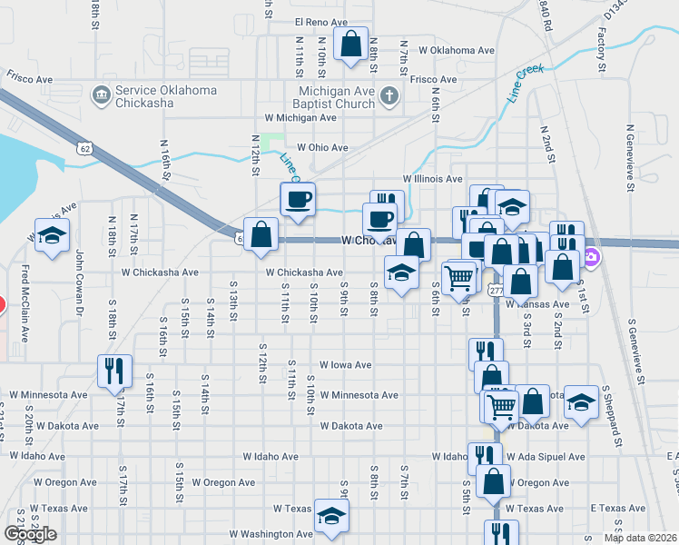 map of restaurants, bars, coffee shops, grocery stores, and more near 117 South 9th Street in Chickasha