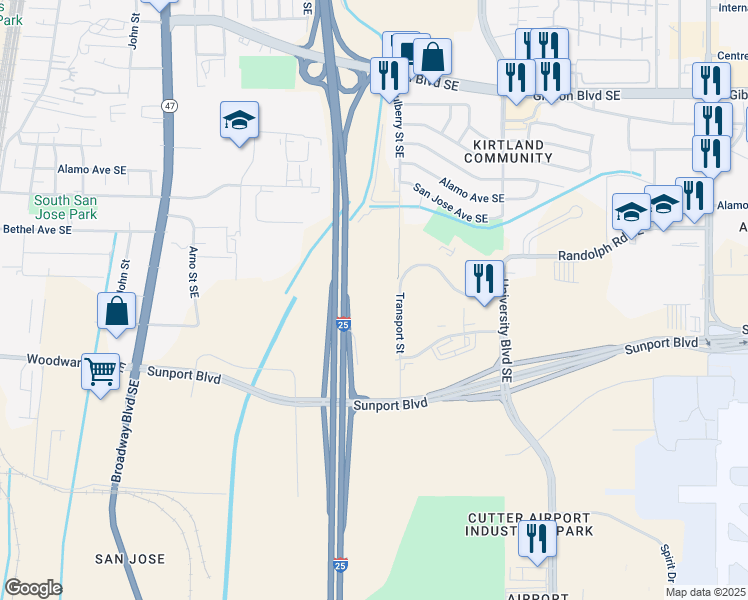 map of restaurants, bars, coffee shops, grocery stores, and more near 3003 Transport Street in Albuquerque