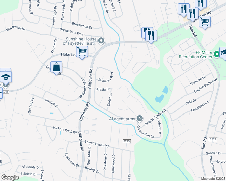 map of restaurants, bars, coffee shops, grocery stores, and more near 1263 Exeter Lane in Fayetteville