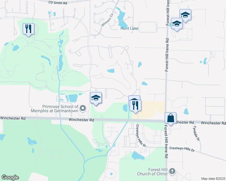 map of restaurants, bars, coffee shops, grocery stores, and more near 3650 Classic Drive South in Memphis