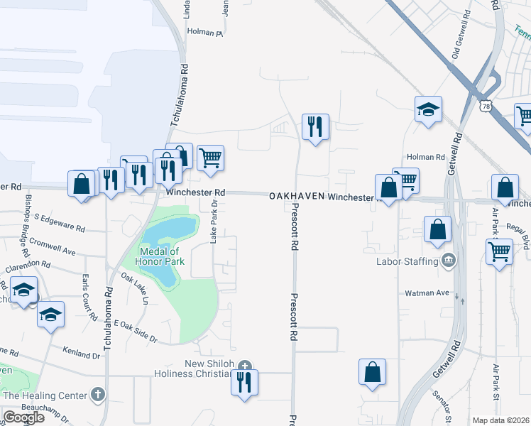 map of restaurants, bars, coffee shops, grocery stores, and more near 3595 Prescott Road in Memphis