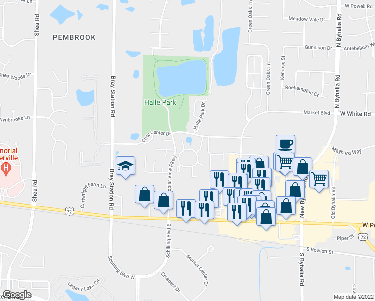map of restaurants, bars, coffee shops, grocery stores, and more near Orchard Circle North in Collierville