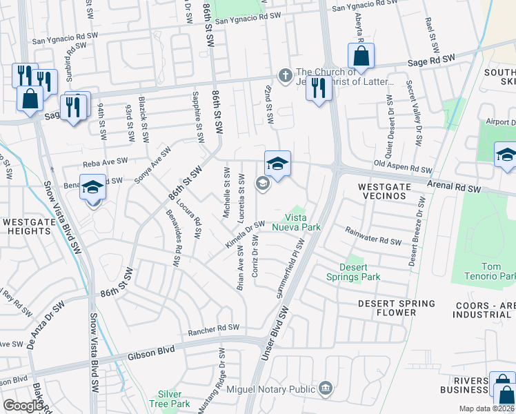map of restaurants, bars, coffee shops, grocery stores, and more near 3301 Menaul Boulevard Northeast in Albuquerque