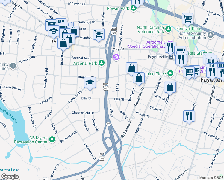 map of restaurants, bars, coffee shops, grocery stores, and more near 720 Ellis Street in Fayetteville