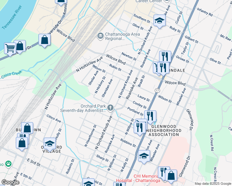 map of restaurants, bars, coffee shops, grocery stores, and more near 1092 North Hawthorne Street in Chattanooga
