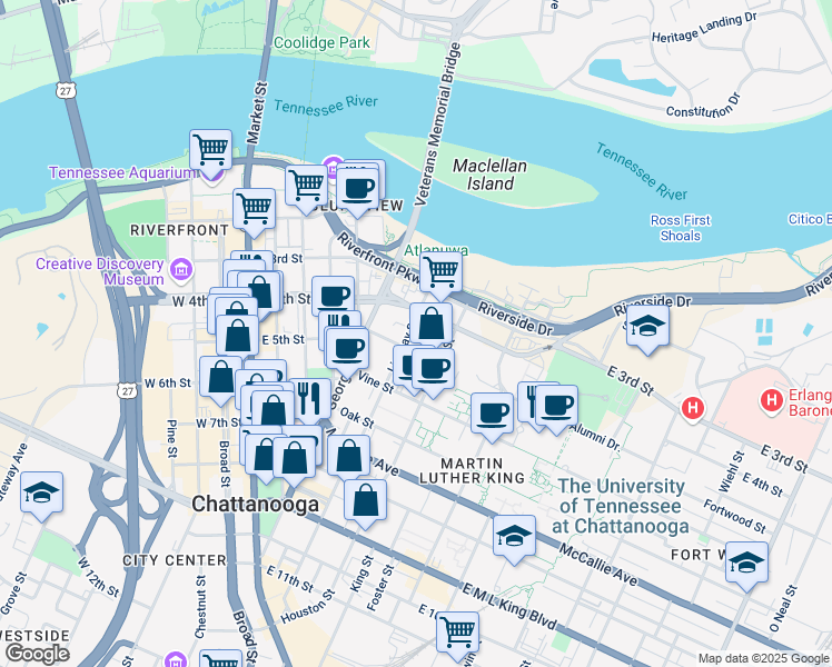 map of restaurants, bars, coffee shops, grocery stores, and more near 500 East 5th Street in Chattanooga
