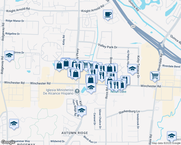 map of restaurants, bars, coffee shops, grocery stores, and more near 6740 Winchester Rd in Memphis