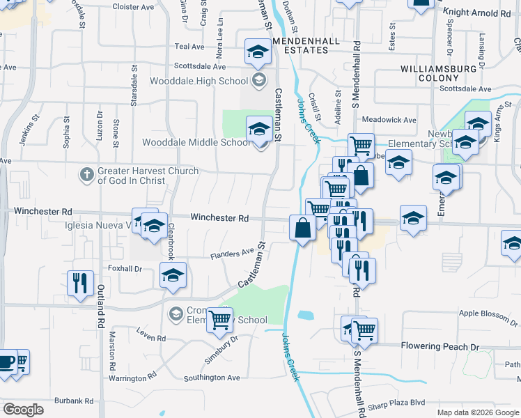map of restaurants, bars, coffee shops, grocery stores, and more near 5152 Winchester Road in Memphis