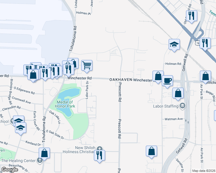 map of restaurants, bars, coffee shops, grocery stores, and more near 3595 Prescott Road in Memphis