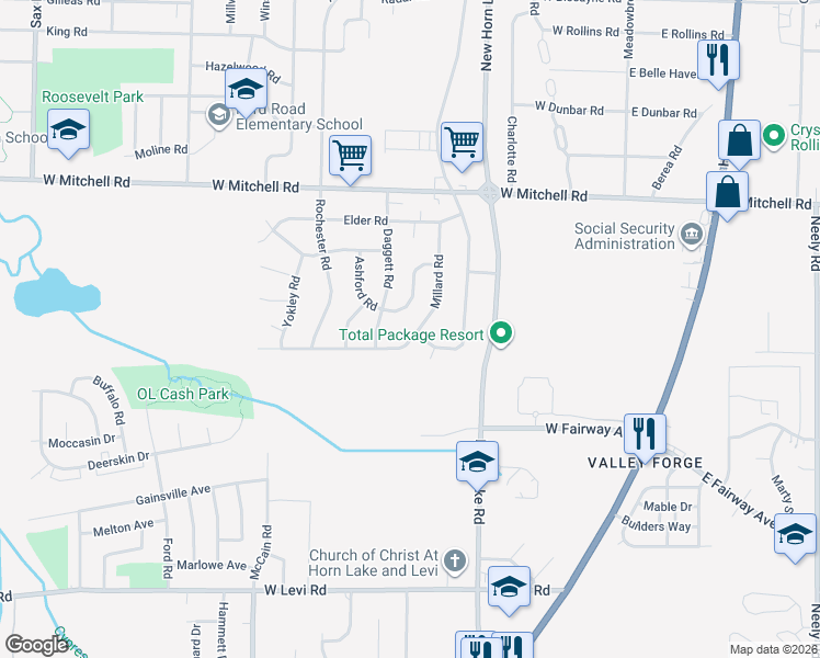 map of restaurants, bars, coffee shops, grocery stores, and more near 3588 Millard Road in Memphis