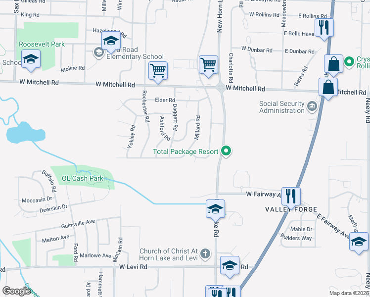 map of restaurants, bars, coffee shops, grocery stores, and more near 3588 Millard Road in Memphis