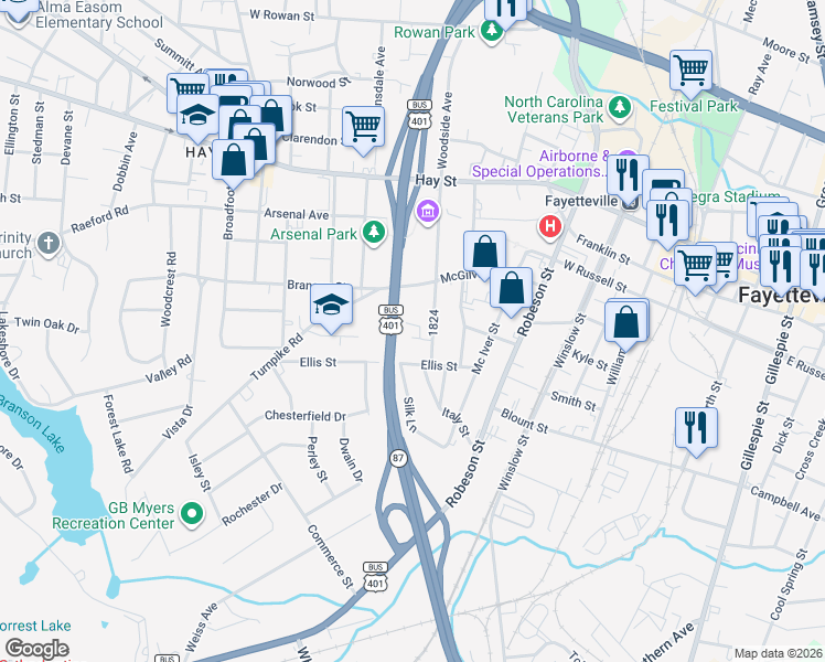 map of restaurants, bars, coffee shops, grocery stores, and more near 720 Ellis Street in Fayetteville