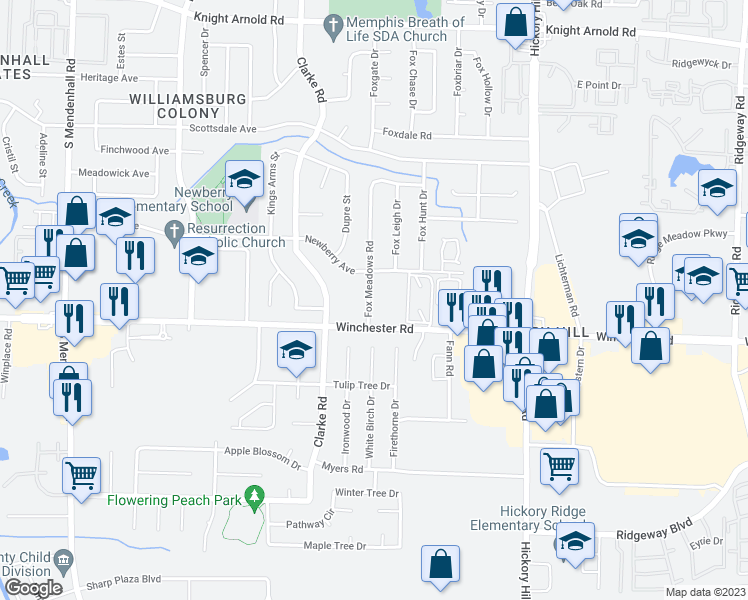 map of restaurants, bars, coffee shops, grocery stores, and more near 3566 Fox Meadows Road in Memphis