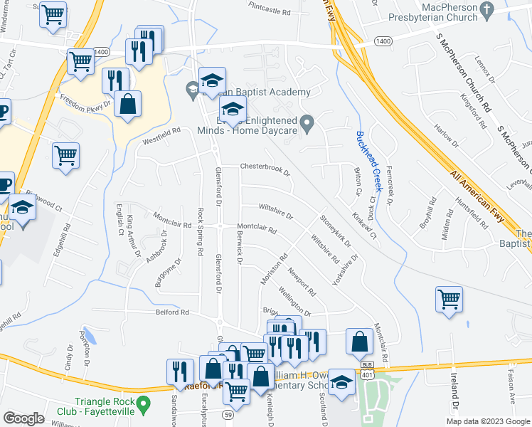 map of restaurants, bars, coffee shops, grocery stores, and more near 668 Wiltshire Road in Fayetteville