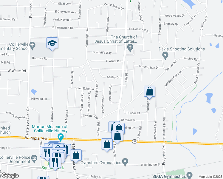 map of restaurants, bars, coffee shops, grocery stores, and more near 364 Hartsway Cove in Collierville