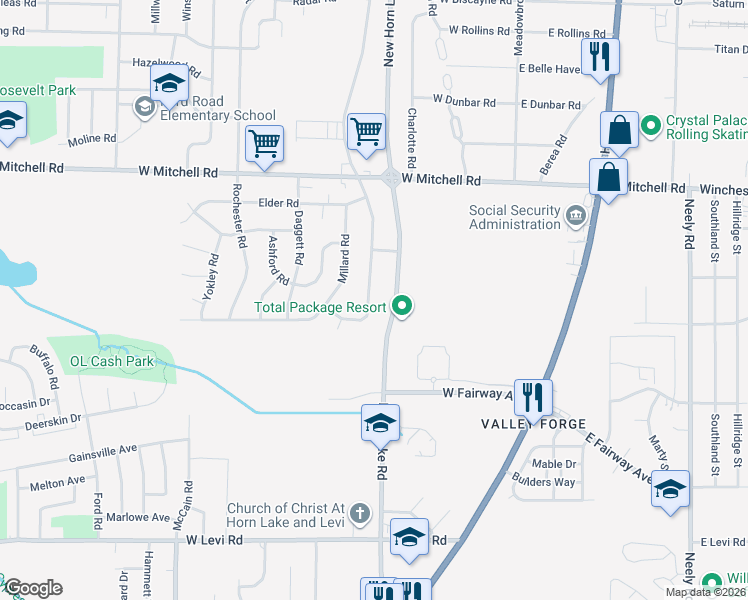 map of restaurants, bars, coffee shops, grocery stores, and more near 3543 West Horn Lake Road in Memphis