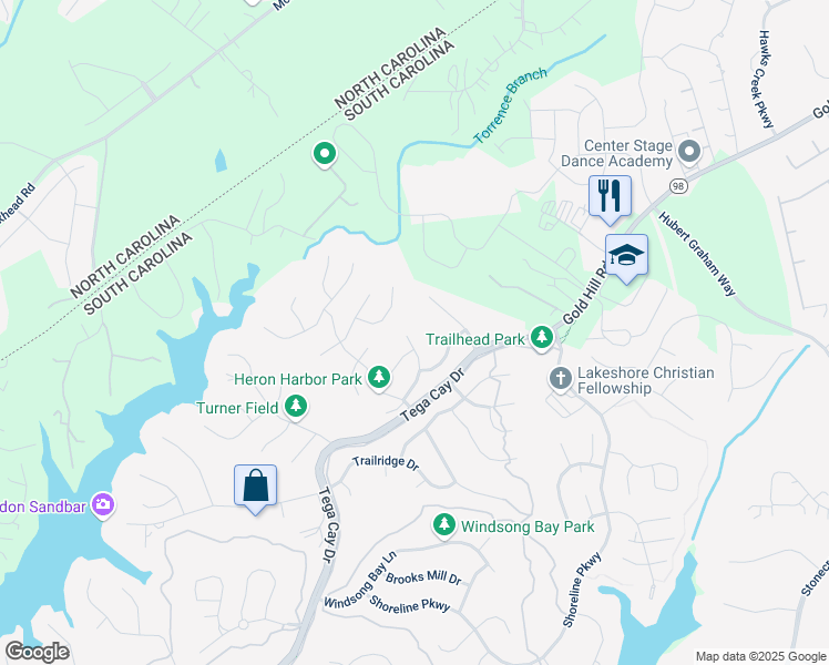 map of restaurants, bars, coffee shops, grocery stores, and more near 151 Amber Woods Drive in Tega Cay