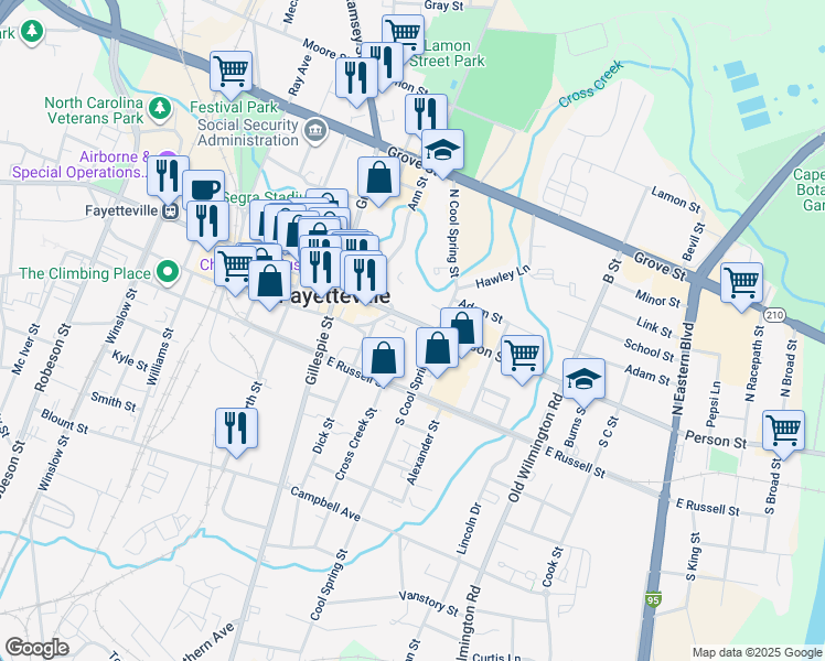 map of restaurants, bars, coffee shops, grocery stores, and more near 232 Person Street in Fayetteville