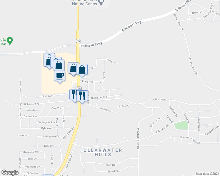 map of restaurants, bars, coffee shops, grocery stores, and more near 1883 Gloria Avenue in Bullhead City