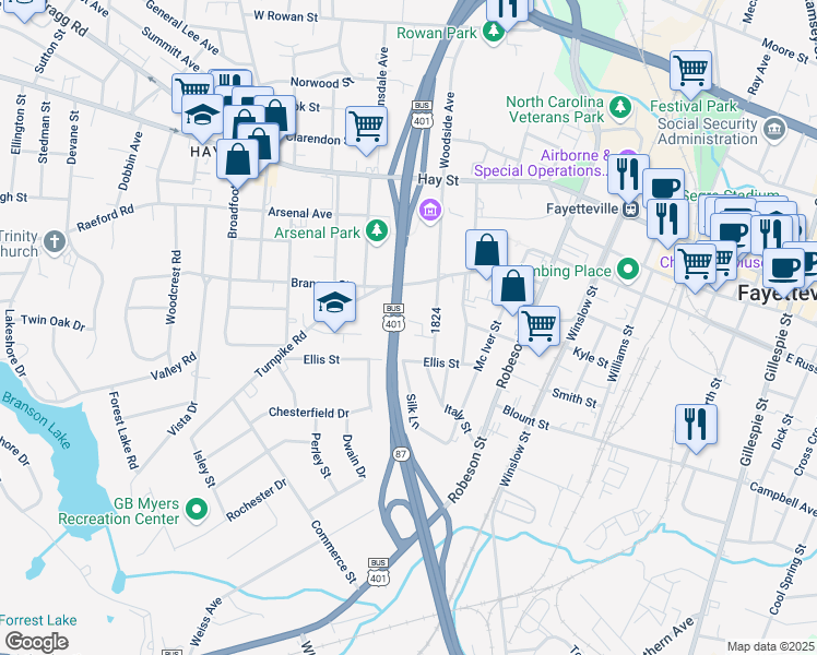 map of restaurants, bars, coffee shops, grocery stores, and more near 404 Cityview Lane in Fayetteville