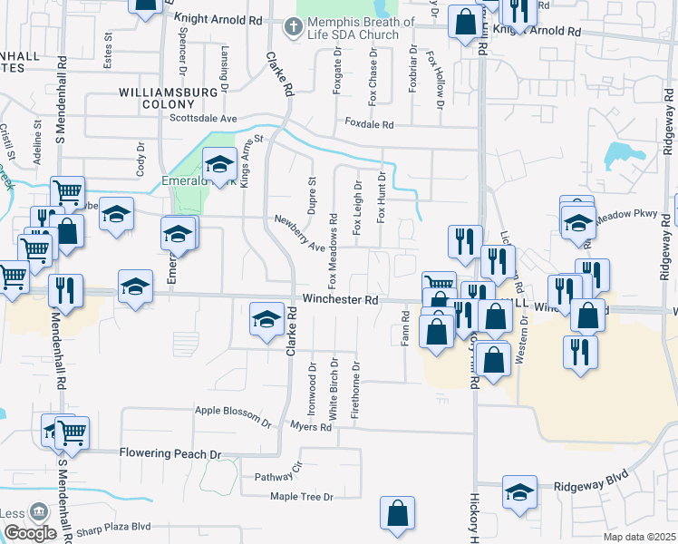 map of restaurants, bars, coffee shops, grocery stores, and more near 3534 Fox Meadows Road in Memphis