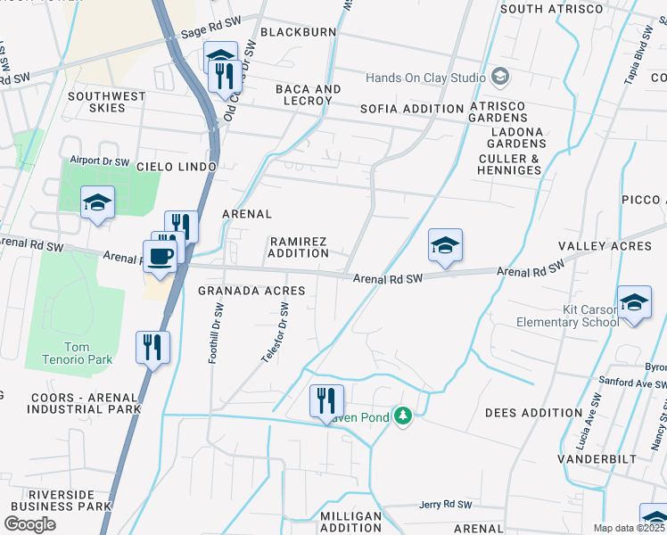 map of restaurants, bars, coffee shops, grocery stores, and more near 716 Sanford Road Southeast in Albuquerque