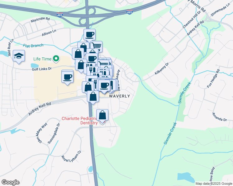 map of restaurants, bars, coffee shops, grocery stores, and more near 6210 Ardrey Kell Road in Charlotte