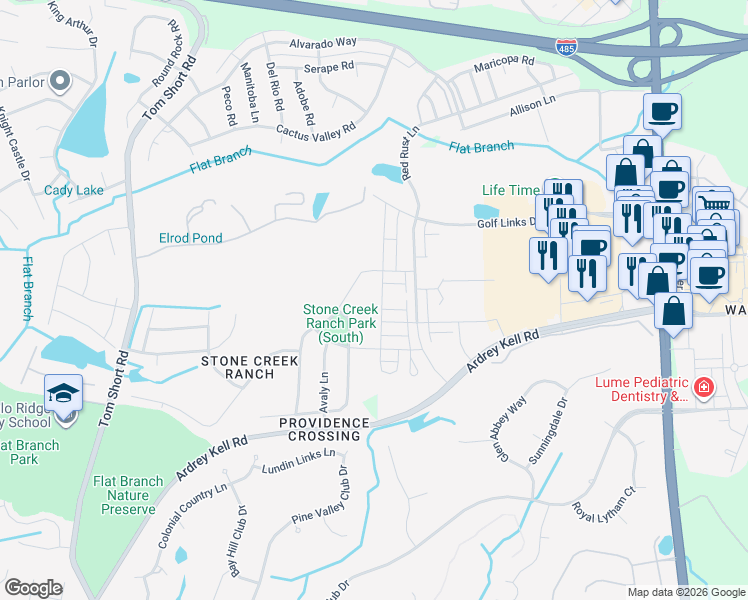 map of restaurants, bars, coffee shops, grocery stores, and more near 11215 Wheat Ridge Road in Charlotte