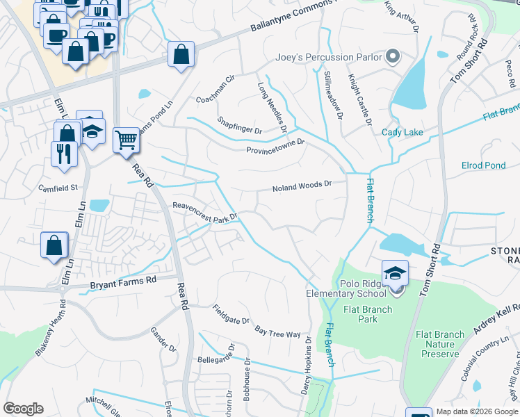 map of restaurants, bars, coffee shops, grocery stores, and more near 10626 Lumley Drive in Charlotte