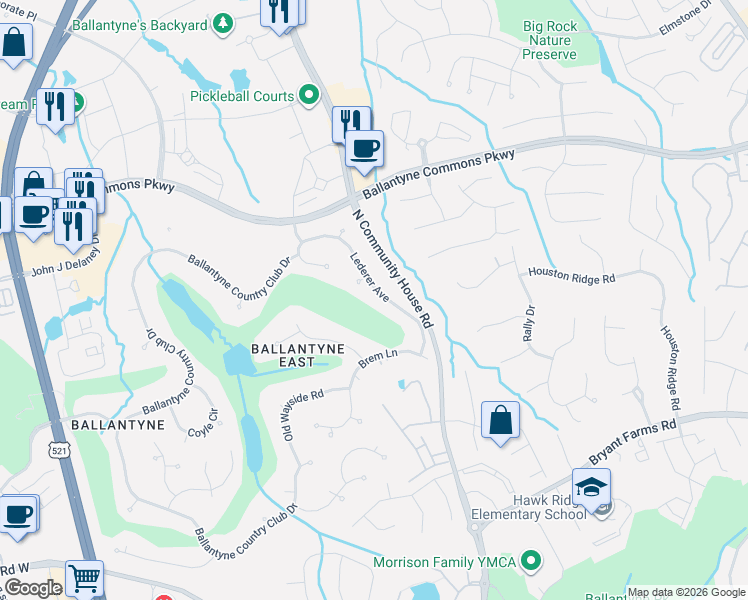 map of restaurants, bars, coffee shops, grocery stores, and more near 15709 Liberty Hall Place in Charlotte