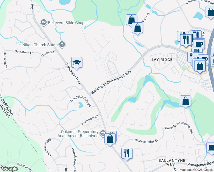 map of restaurants, bars, coffee shops, grocery stores, and more near 11347 Deer Ridge Lane in Charlotte