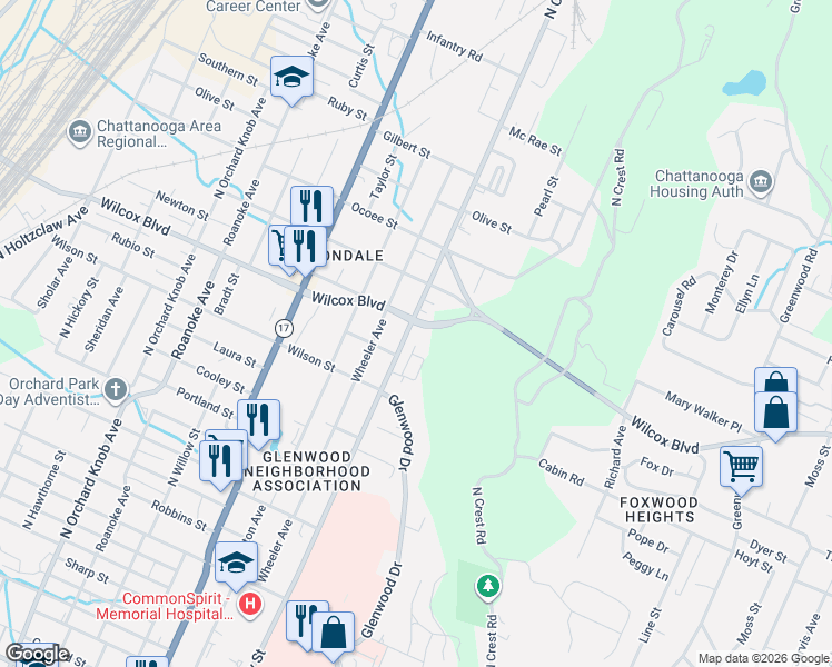 map of restaurants, bars, coffee shops, grocery stores, and more near 1500 Wheeler Avenue in Chattanooga