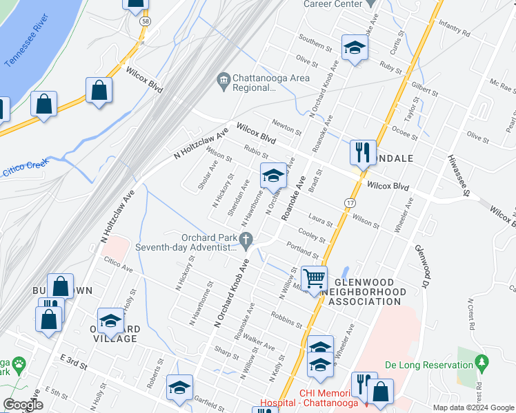 map of restaurants, bars, coffee shops, grocery stores, and more near 1111 North Hawthorne Street in Chattanooga