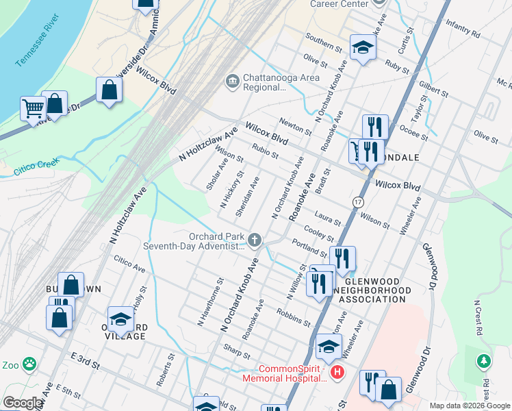 map of restaurants, bars, coffee shops, grocery stores, and more near 1111 North Hawthorne Street in Chattanooga