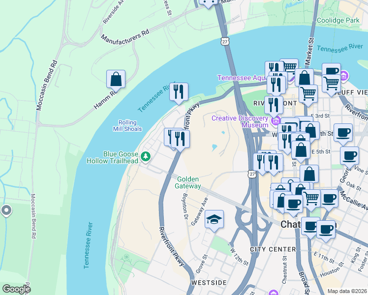 map of restaurants, bars, coffee shops, grocery stores, and more near 553 Riverfront Parkway in Chattanooga