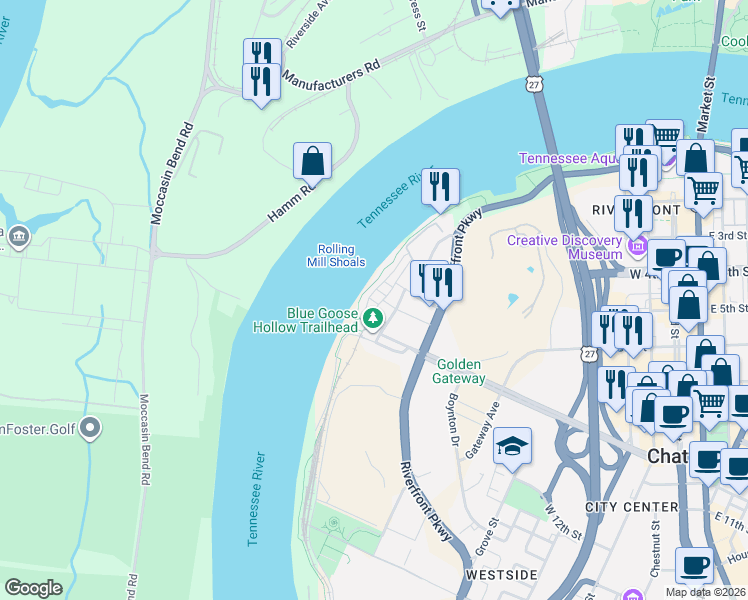 map of restaurants, bars, coffee shops, grocery stores, and more near 913 Spinnaker Way in Chattanooga