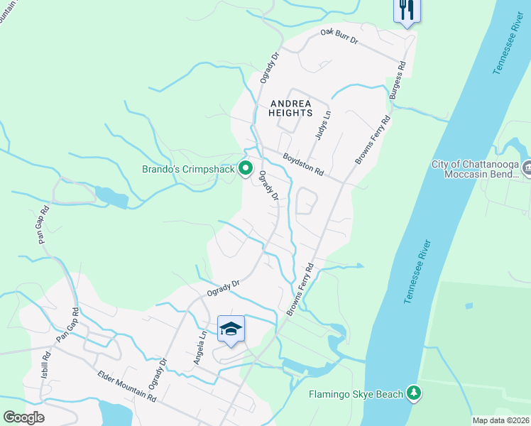 map of restaurants, bars, coffee shops, grocery stores, and more near 949 Ogrady Drive in Chattanooga