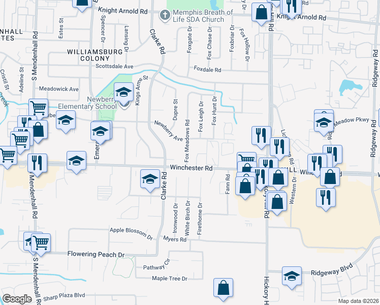 map of restaurants, bars, coffee shops, grocery stores, and more near 3534 Fox Meadows Road in Memphis