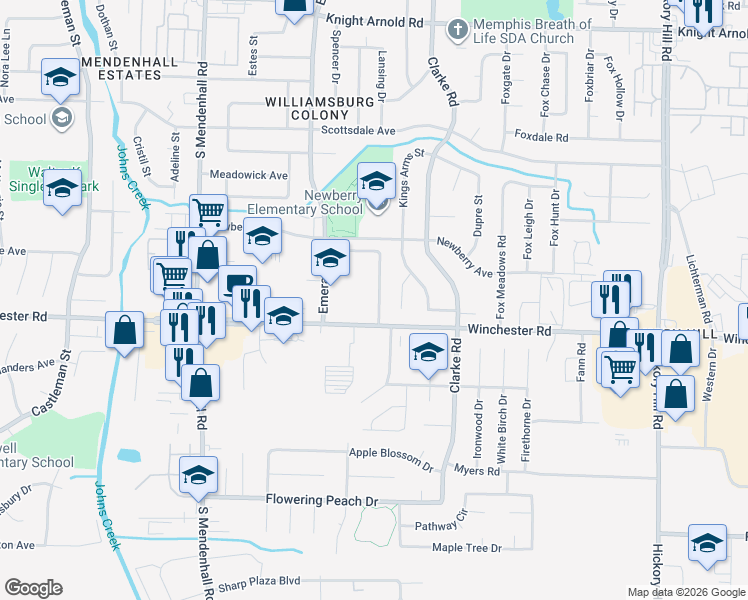 map of restaurants, bars, coffee shops, grocery stores, and more near 3543 Bishops Gate Drive in Memphis