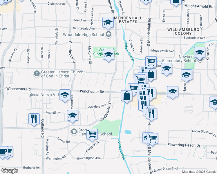 map of restaurants, bars, coffee shops, grocery stores, and more near 3541 Castleman Street in Memphis