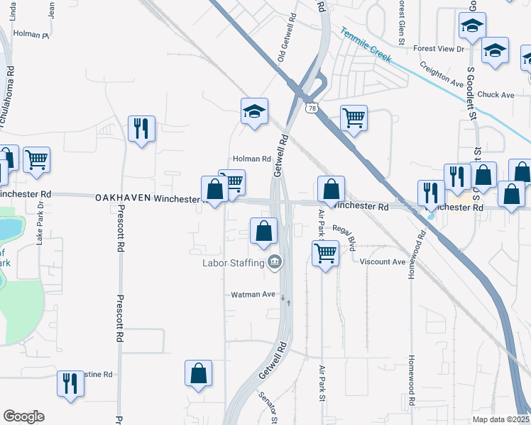 map of restaurants, bars, coffee shops, grocery stores, and more near 3545-3553 New Getwell Road in Memphis