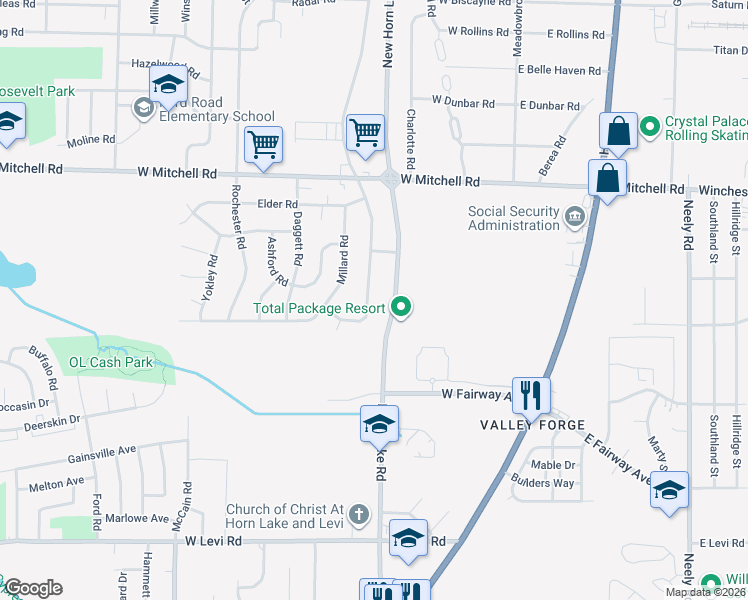 map of restaurants, bars, coffee shops, grocery stores, and more near 3543 West Horn Lake Road in Memphis