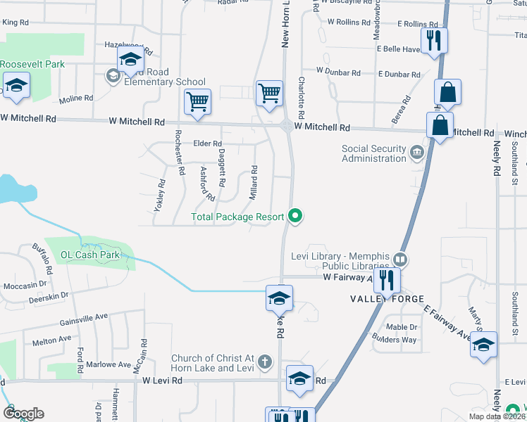 map of restaurants, bars, coffee shops, grocery stores, and more near 3543 West Horn Lake Road in Memphis