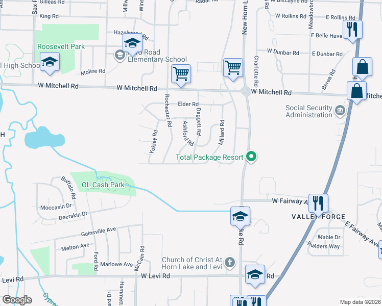 map of restaurants, bars, coffee shops, grocery stores, and more near 3541 Daggett Road in Memphis