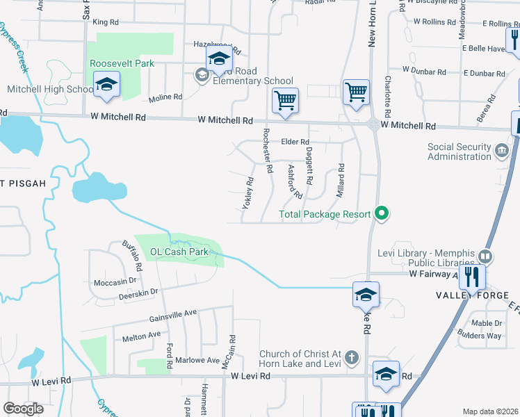map of restaurants, bars, coffee shops, grocery stores, and more near 3544 Yokley Road in Memphis