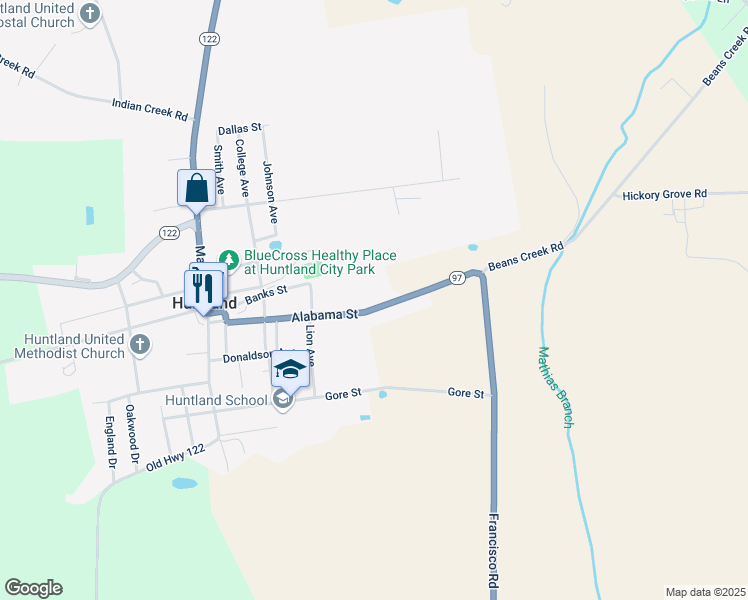 map of restaurants, bars, coffee shops, grocery stores, and more near 323 Alabama Street in Huntland