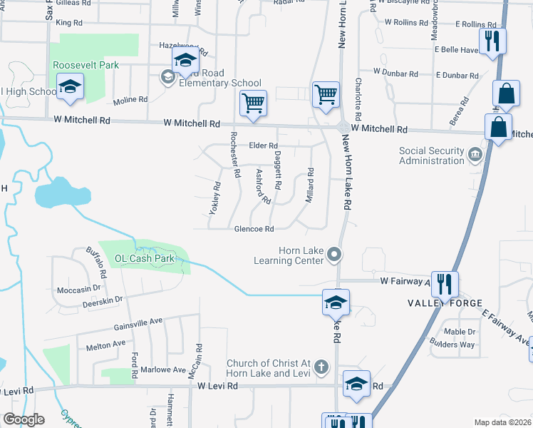 map of restaurants, bars, coffee shops, grocery stores, and more near 3541 Daggett Road in Memphis
