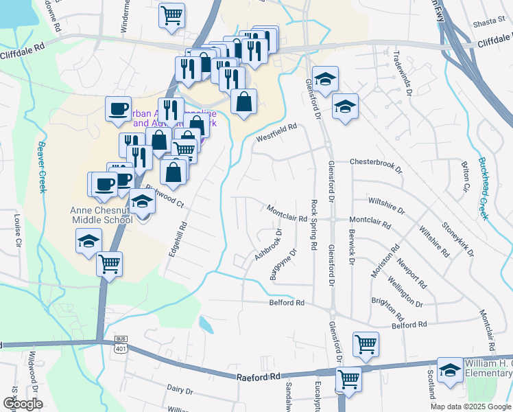 map of restaurants, bars, coffee shops, grocery stores, and more near 607 Brittany Place in Fayetteville